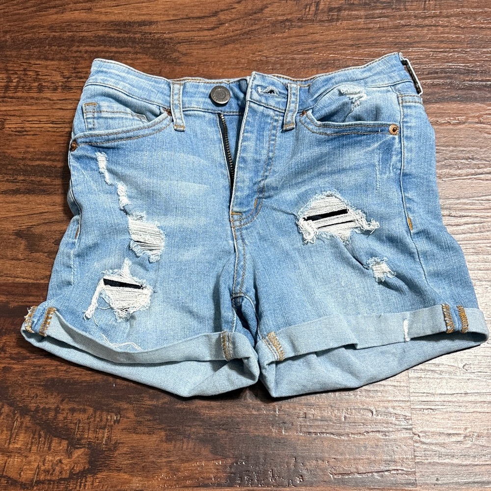 Aeropostale High Waisted Midi Blue Distressed Jean Shorts